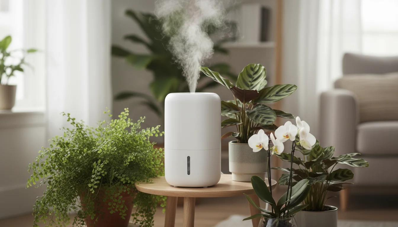 A white cool-mist humidifier gently mists a collection of green houseplants on a light wooden plant stand in an apartment.