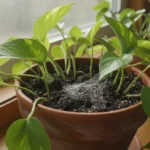 Close-up of white, cotton-like mold on the soil surface of a Pothos houseplant in a terracotta pot, under natural light.