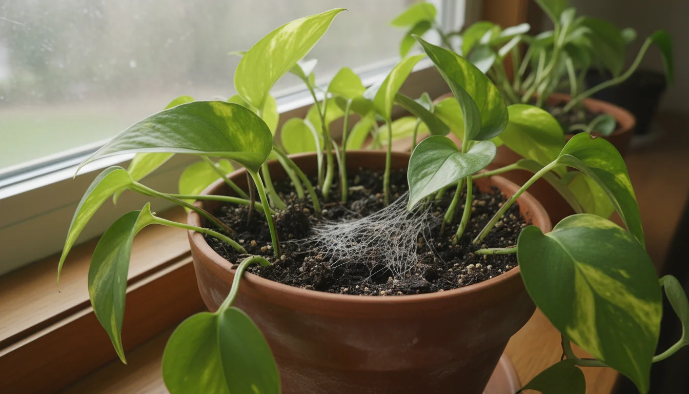 Close-up of white, cotton-like mold on the soil surface of a Pothos houseplant in a terracotta pot, under natural light.