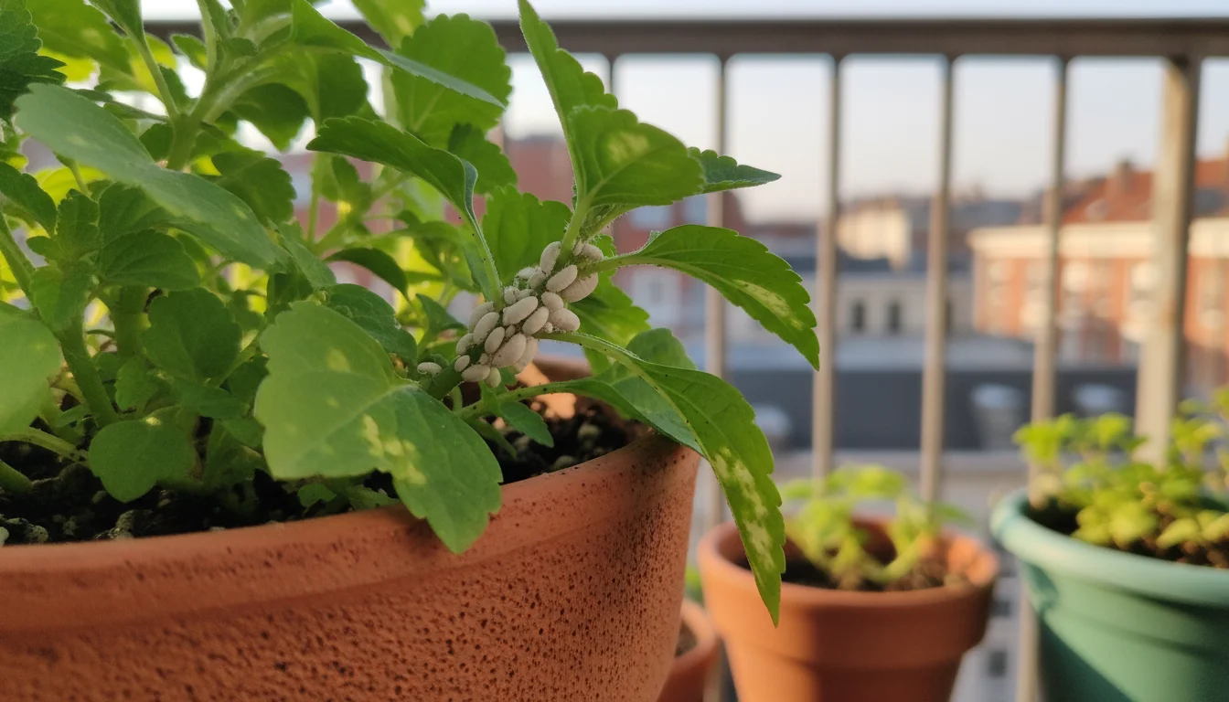 Close-up of white, cottony mealybugs clustered on a green plant stem in a terracotta pot on a sunny urban balcony.