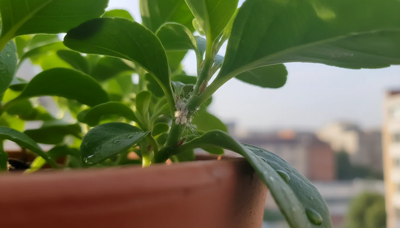Close-up of white, cottony mealybugs nestled in a leaf axil of a vibrant green container plant on an urban balcony, with soft natural light.