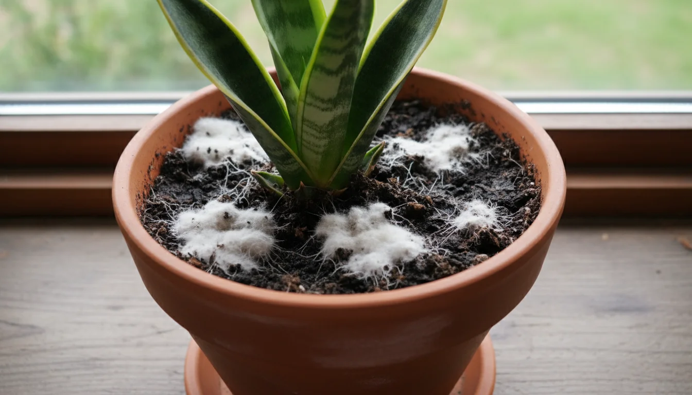 Close-up of white, cottony mold covering the soil surface of a snake plant in a terracotta pot on a windowsill.