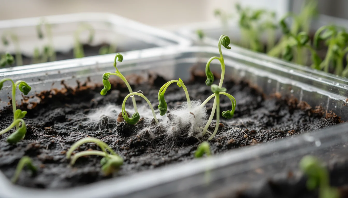 Extreme macro close-up of white fuzzy mold and collapsing, wilting microgreen seedlings in a small rectangular tray.