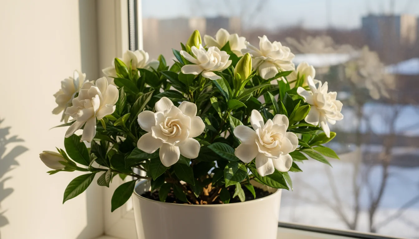 Close-up of a white gardenia plant with several open blooms and dark green leaves on an apartment windowsill, a grey winter sky visible outside.