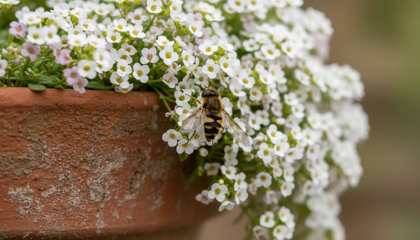 Extreme close-up of white and light purple Sweet Alyssum cascading from a terracotta pot, with a hoverfly feeding on the blossoms.