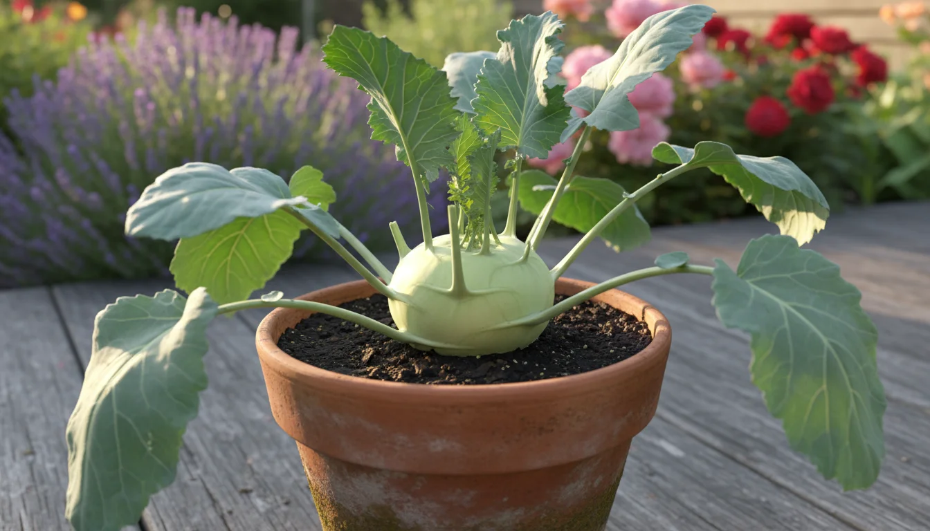 A 'White Vienna' kohlrabi plant with a pale green bulb growing in a terracotta pot on a patio, with leafy green broccoli rabe plants in the background