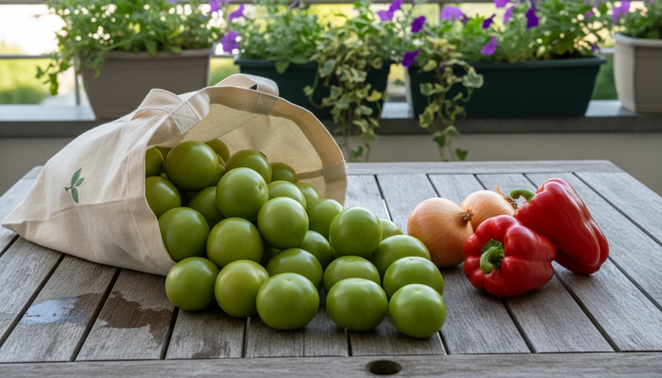Whole green tomatoes spill from a canvas bag next to whole yellow onions and red bell peppers on a wooden table, with balcony plants in the background