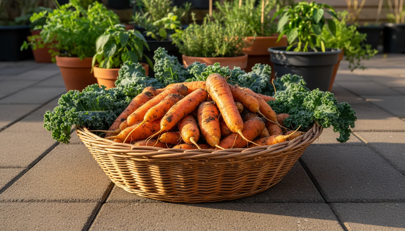 A wicker basket filled with freshly harvested carrots and kale rests on patio pavers, with container plants in the background.