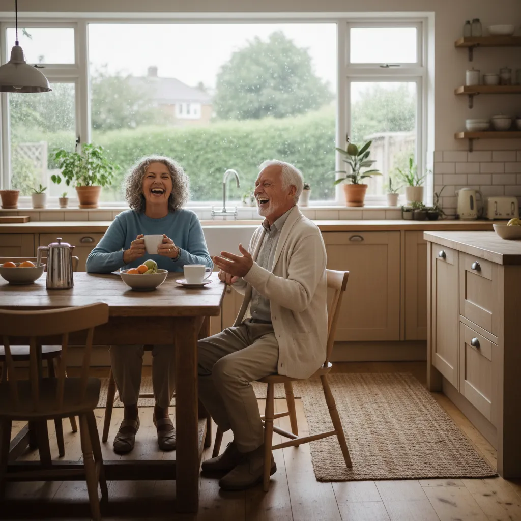 Two joyful seniors laughing together over coffee at a kitchen table, captured in a medium wide interior shot with bright, natural overcast light.