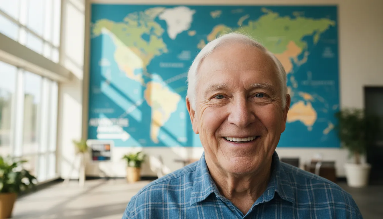 A happy senior's face is prominent in the foreground of a wide shot, with blurred map signage in the background. Soft daylight illuminates the scene.