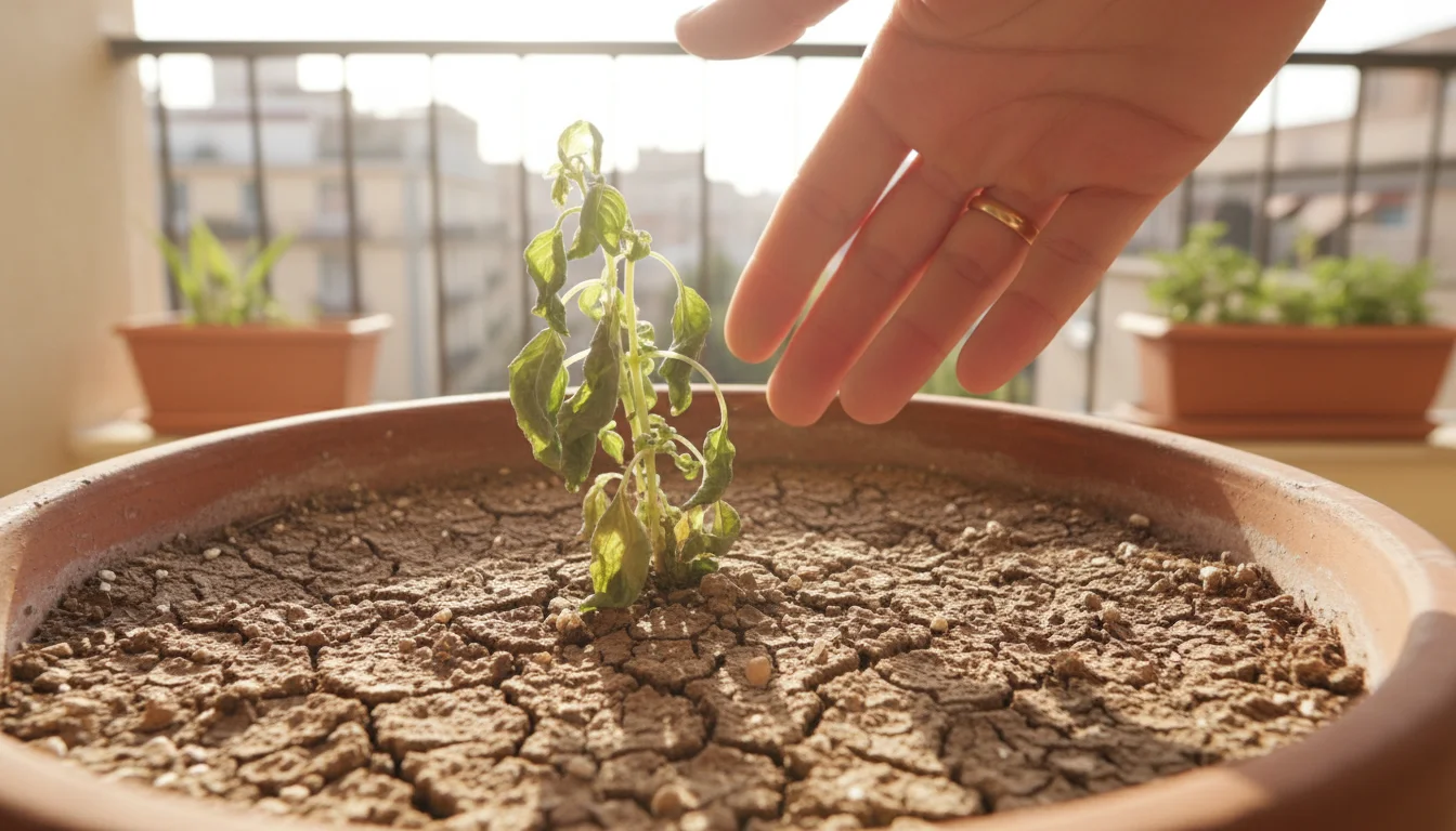 Close-up of a slightly wilted basil plant in a terracotta pot on an urban balcony, with dry, cracked soil and a hand about to check moisture.