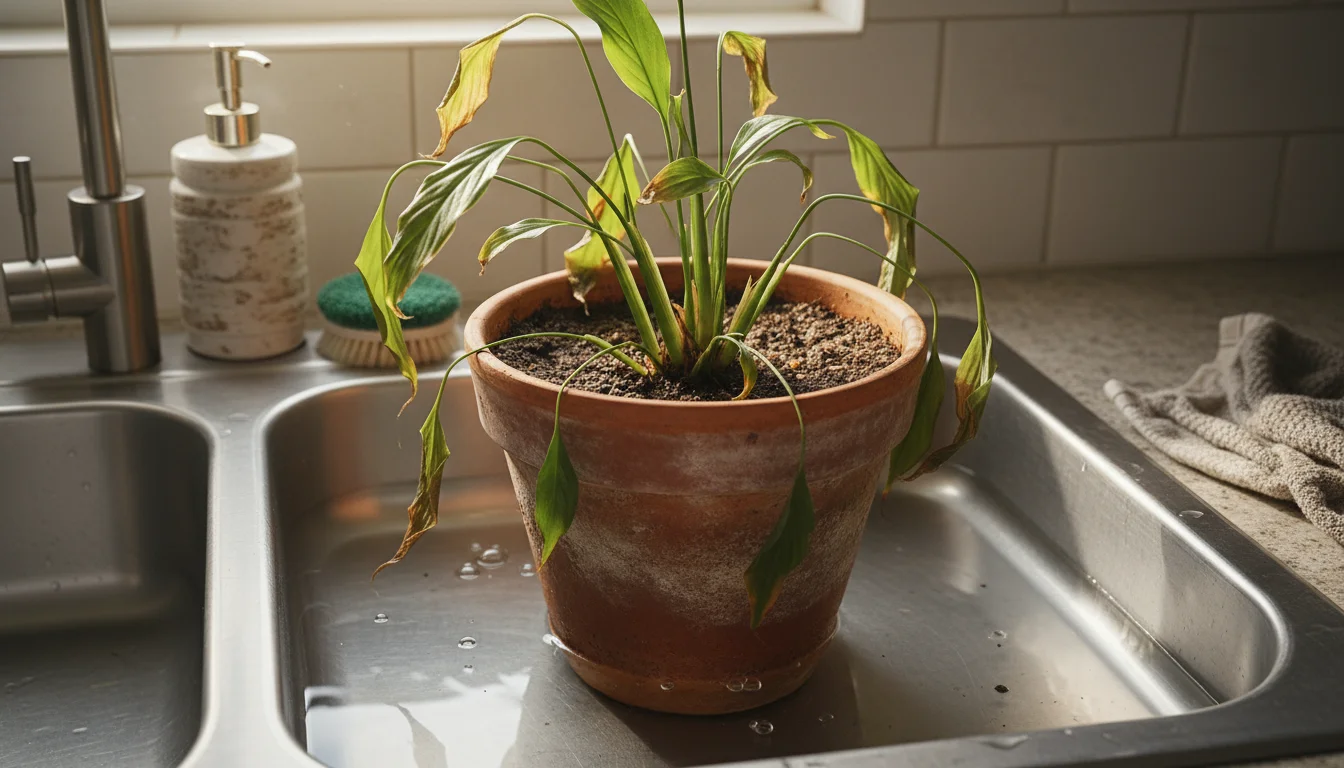 A wilted houseplant in a terracotta pot sits in an inch of water in a kitchen sink, its dry soil pulled from the edges.