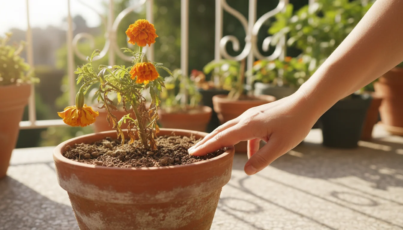 Close-up of a wilted marigold in a terracotta pot on a balcony, with a hand checking the dry soil.