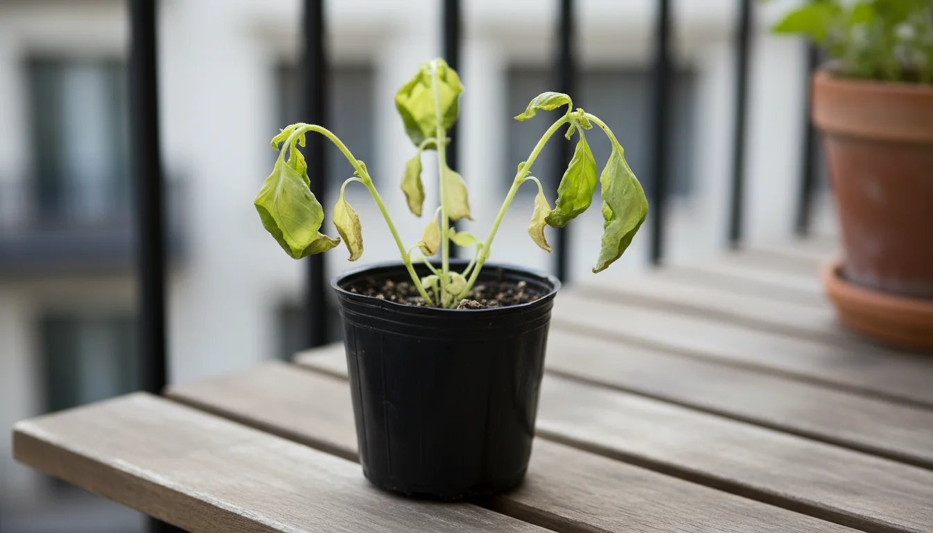 Wilting basil plant in flimsy plastic grocery store pot on wooden balcony table, showing post-purchase decline.