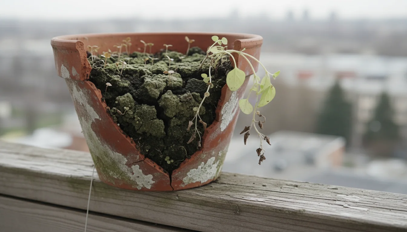 A wilting basil plant in a terracotta pot on a balcony railing, struggling in dense, cracked garden soil.