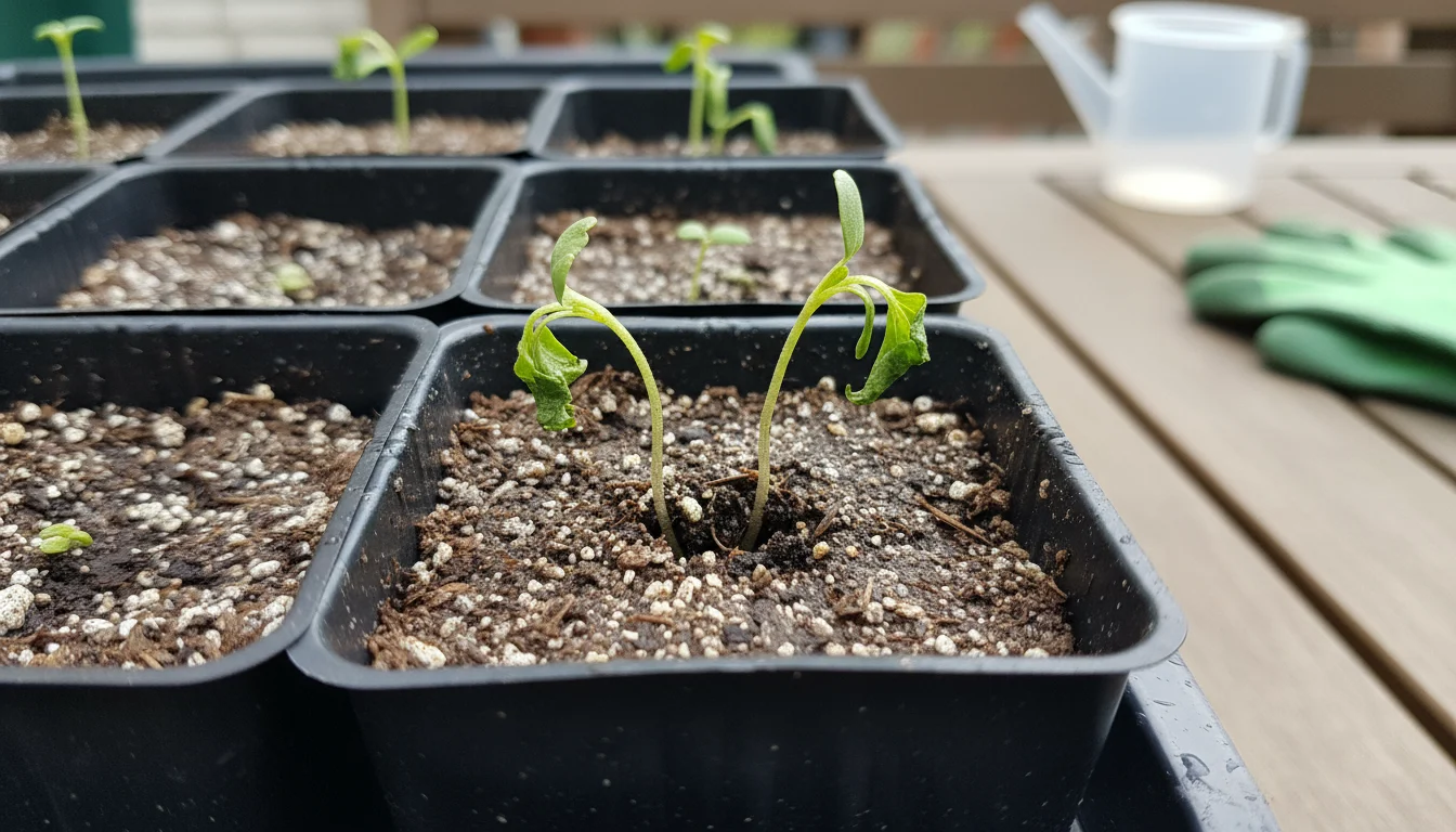 Close-up of wilting seedlings in a seed tray, showing pinched stems at the soil line, with a small fan blurred in the background.