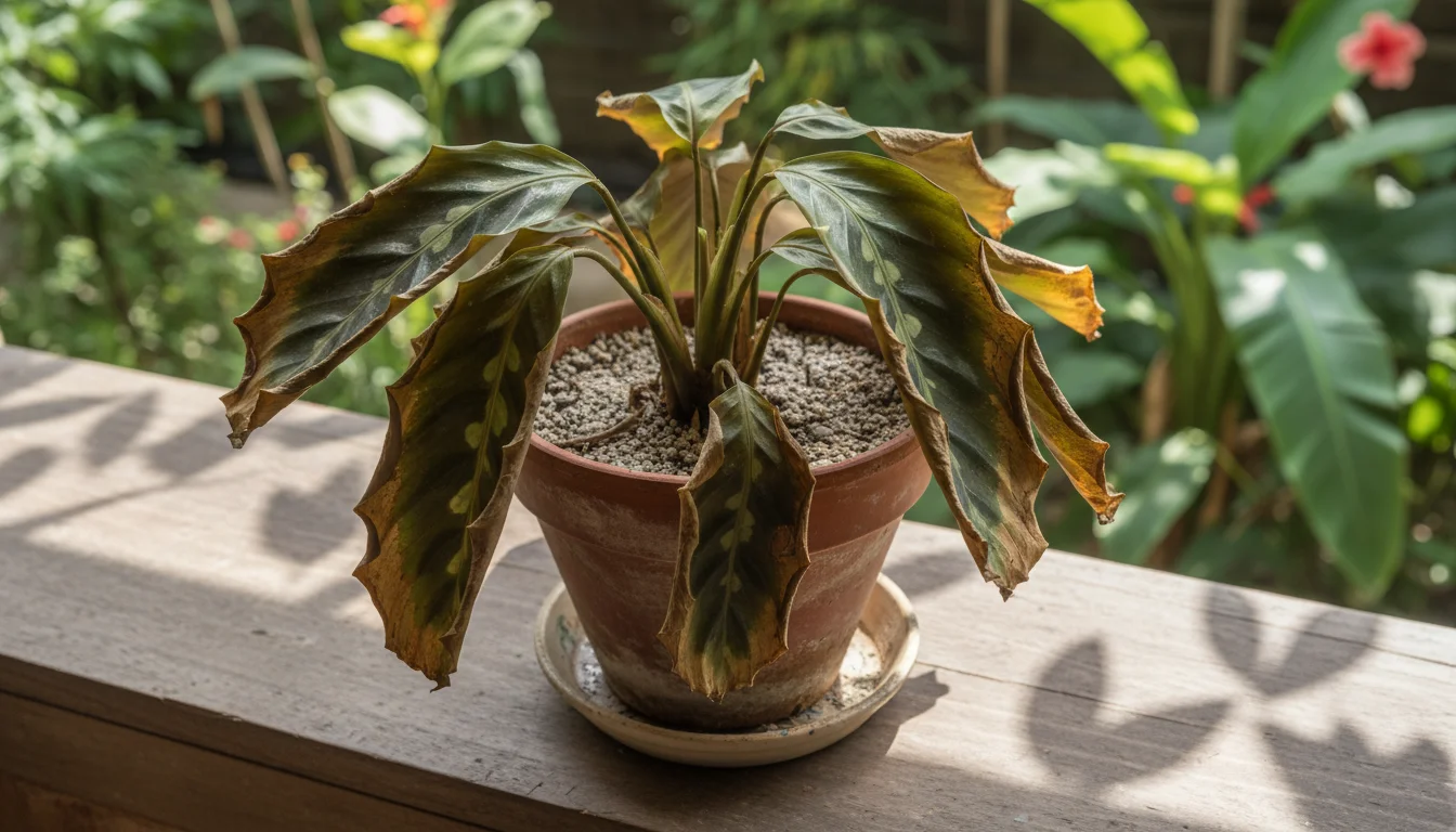 Wilting tropical Calathea plant in terracotta pot with dry soil pulled away from edges, some leaves crispy and brown.