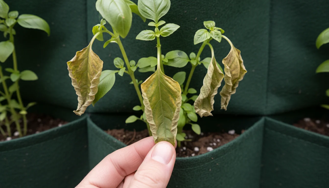 Close-up: Wilting, yellowing basil leaves in a fabric vertical planter pocket. A hand touches the visibly dry soil, checking moisture.