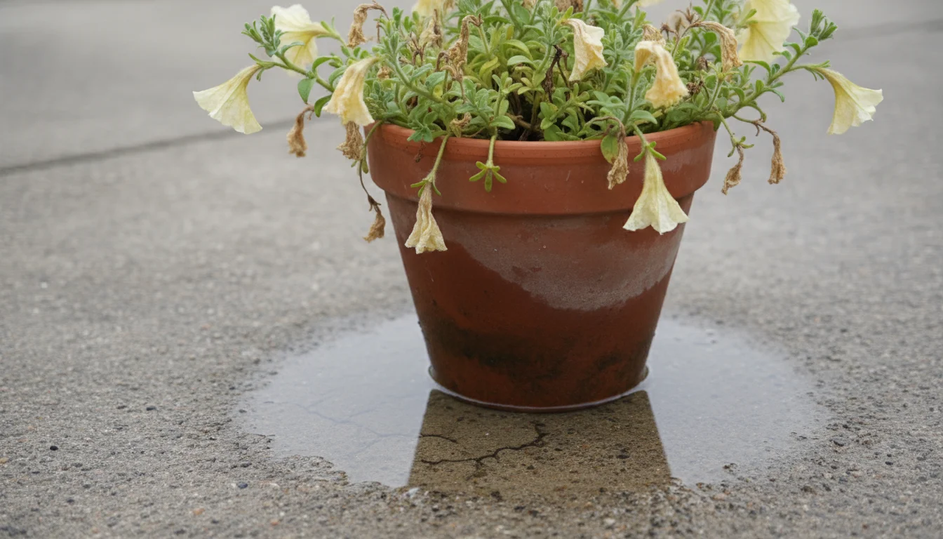 Close-up of a wilting, yellowing petunia in a terracotta pot, with standing water puddling on the hard, undrained soil surface.