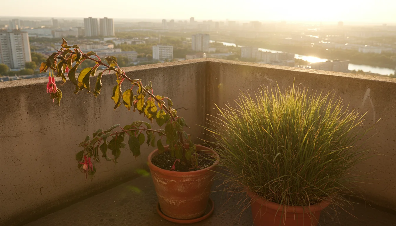 Wind-damaged fuchsia plant with broken stems and tattered leaves on an exposed urban balcony next to a healthy ornamental grass.