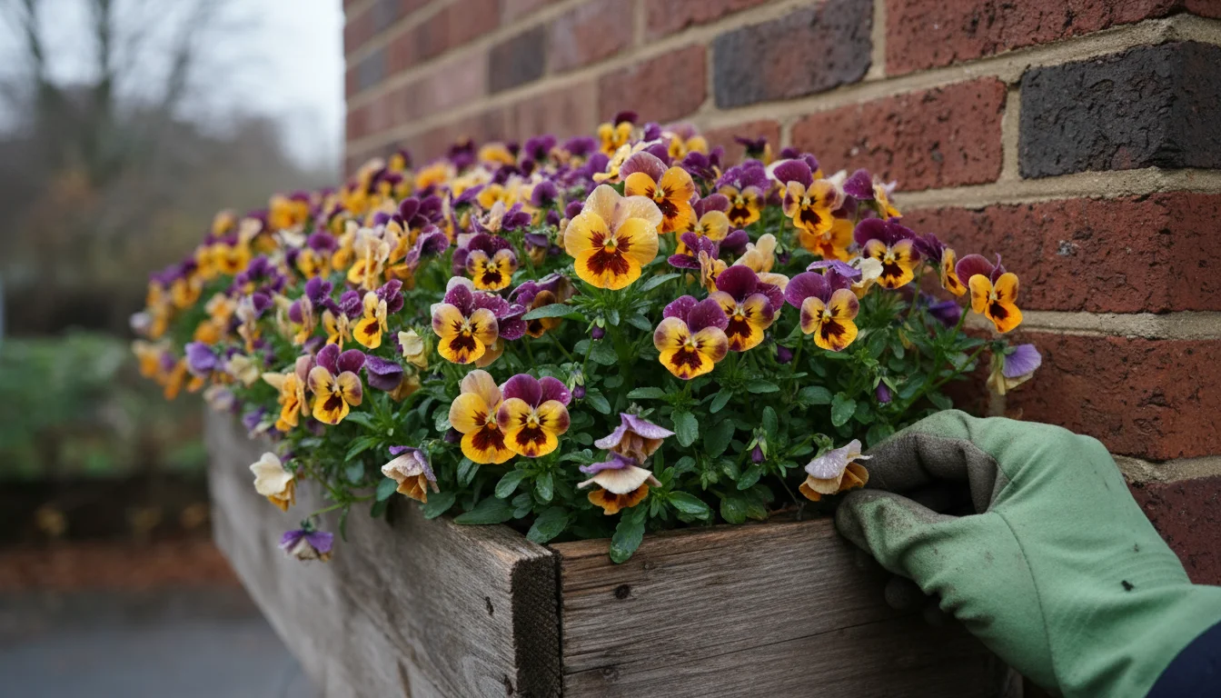 Window box with colorful pansies and violas on a brick wall, a gloved hand touches a leaf.
