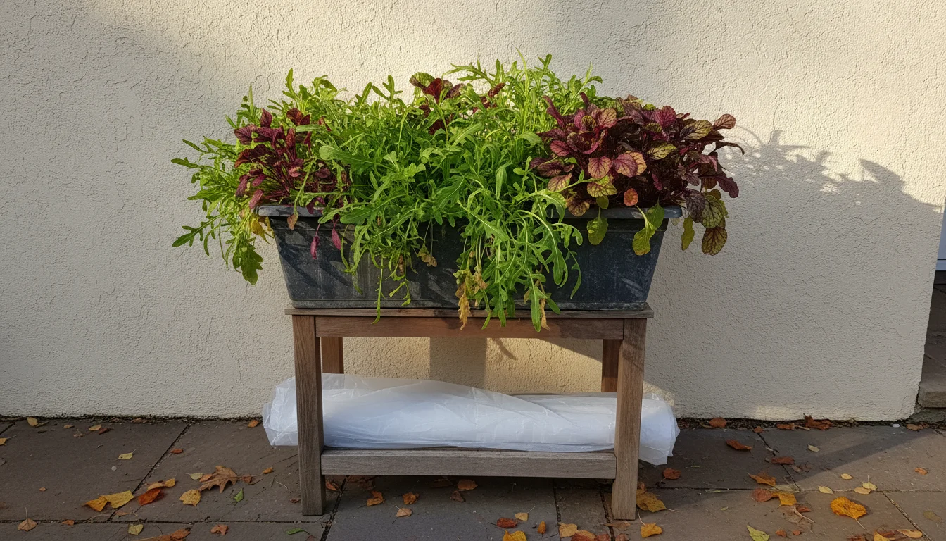 A window box filled with spicy mustards and arugula on a patio stand against a sunny wall, with a frost protection cover visible.