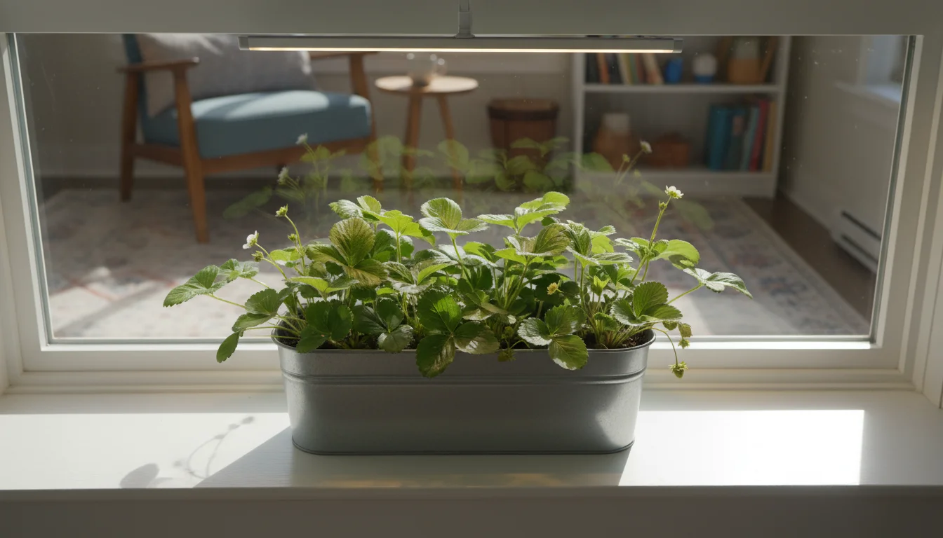 A window box filled with young strawberry plants bathed in natural sunlight and an overhead LED grow light on an indoor windowsill.