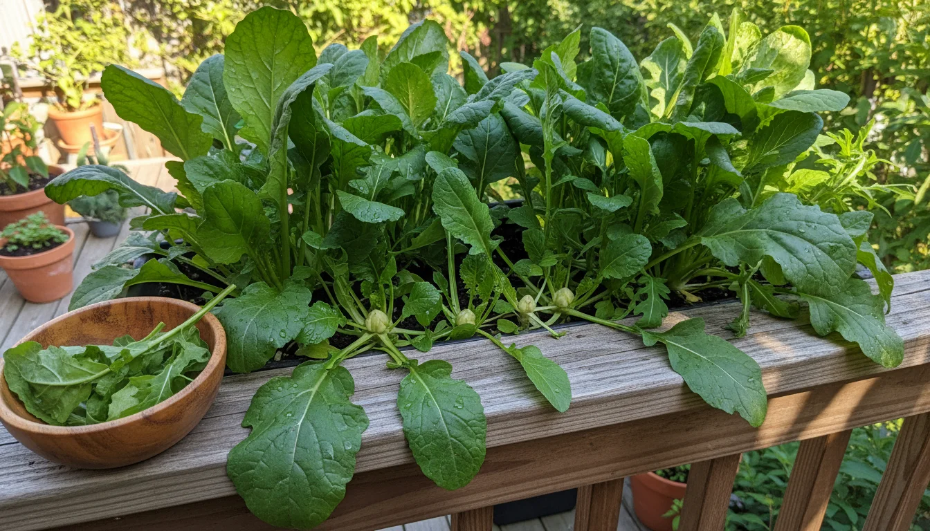 A window box of spicy mustards and wasabi arugula on a patio railing. Some outer leaves are cut, showing healthy new growth within, with harvested lea