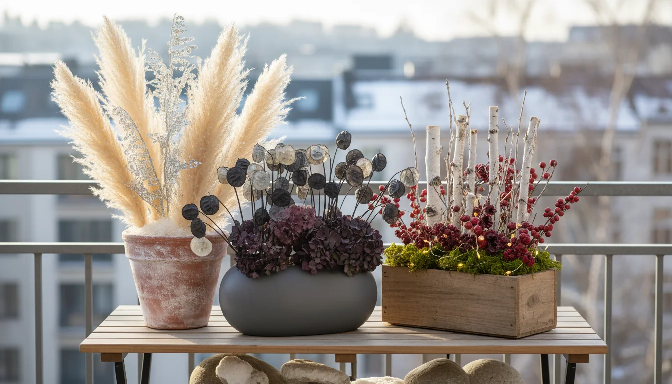 Winter balcony arrangement with dried grasses, branches, seed heads, river stones, pinecones, and dried citrus in varied containers on a wooden table.