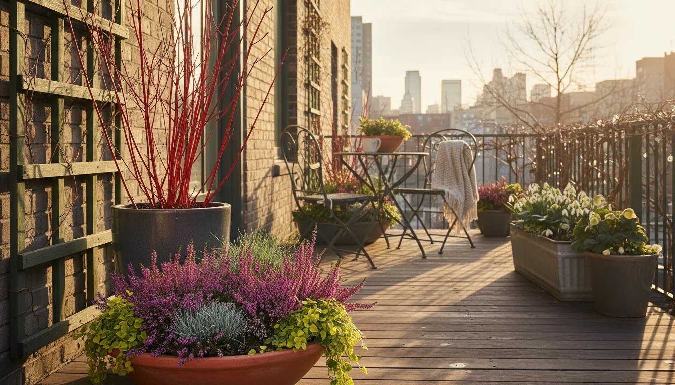 A winter balcony arrangement featuring vibrant red dogwood stems in a tall gray pot, purple heather in a terracotta bowl, and a dwarf blue spruce in a
