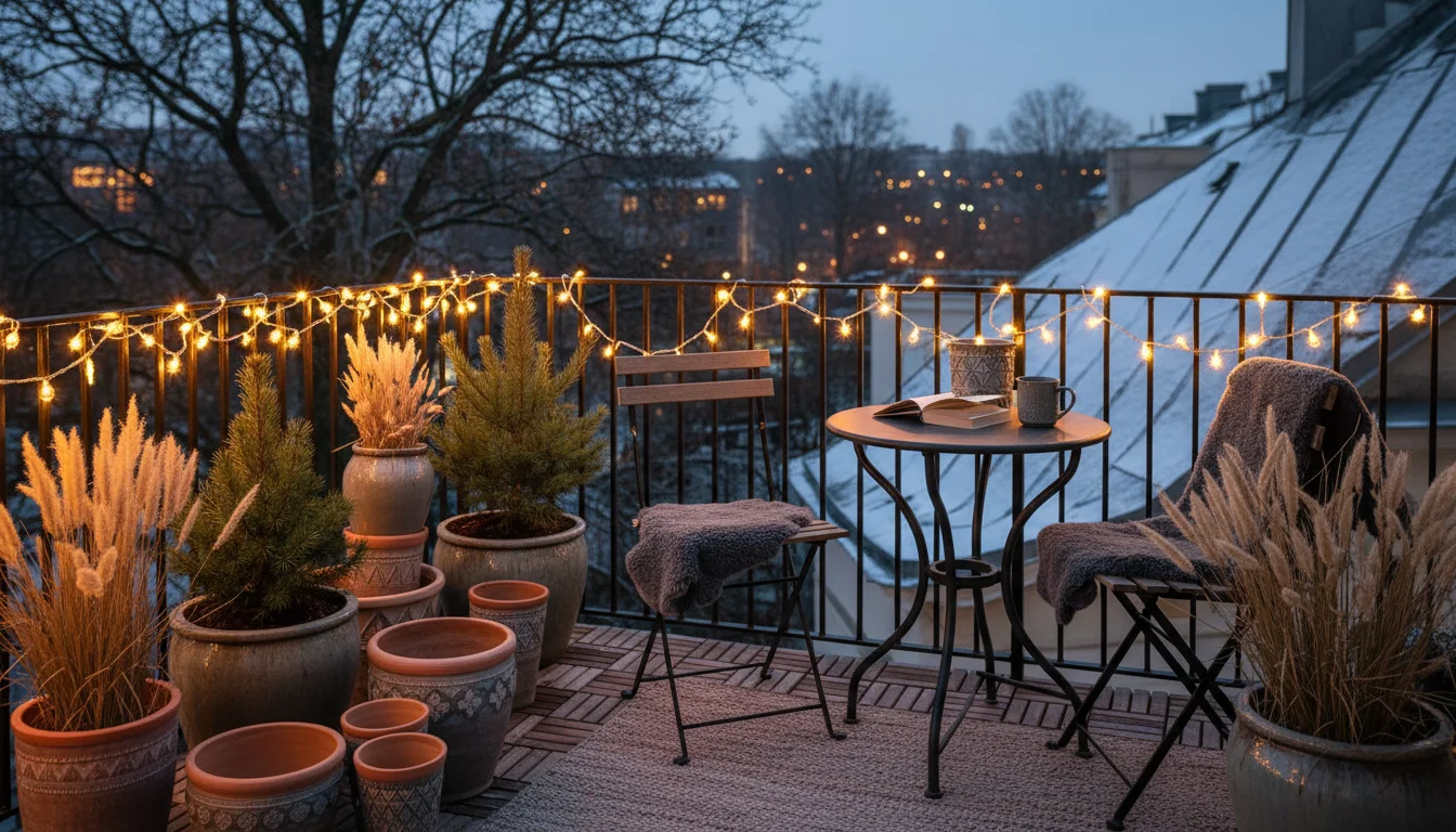 Winter balcony at dusk, illuminated by warm solar string lights draped on railing and woven through potted plants and empty containers.