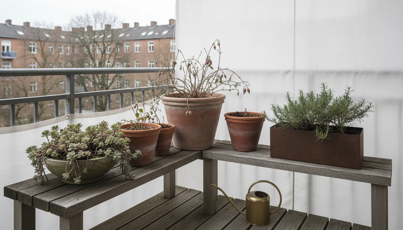 Winter container plants on a balcony bench with dry soil, an almost empty watering can, and a soil moisture meter.