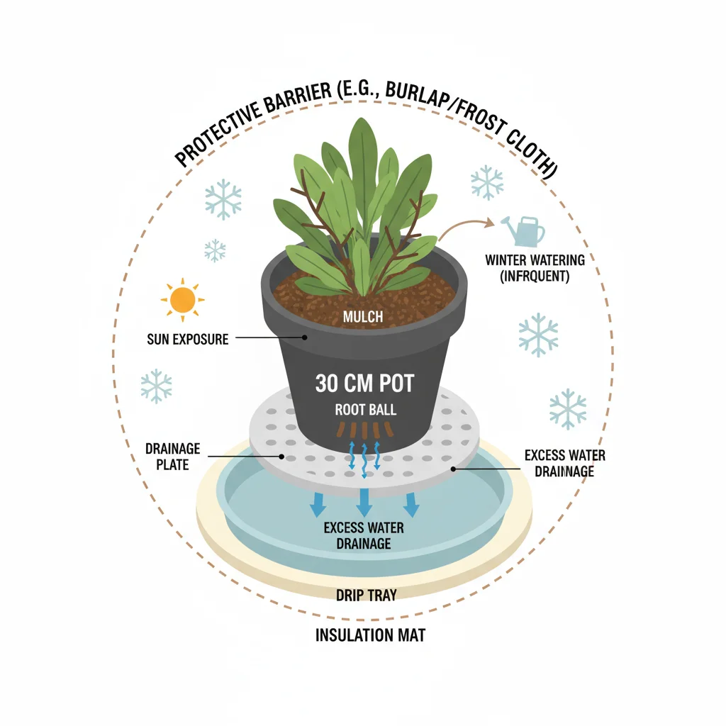 Winter plant strategy diagram: climate & plant type determine approach. Arrows show water flow in 30cm pot with labels for key elements.