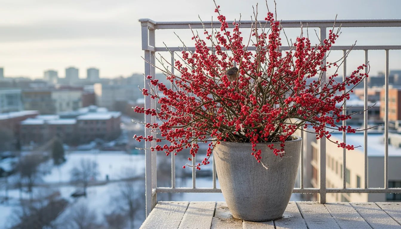 Winterberry holly in a grey ceramic pot on a winter balcony, showing bare branches laden with bright red berries. Urban background.