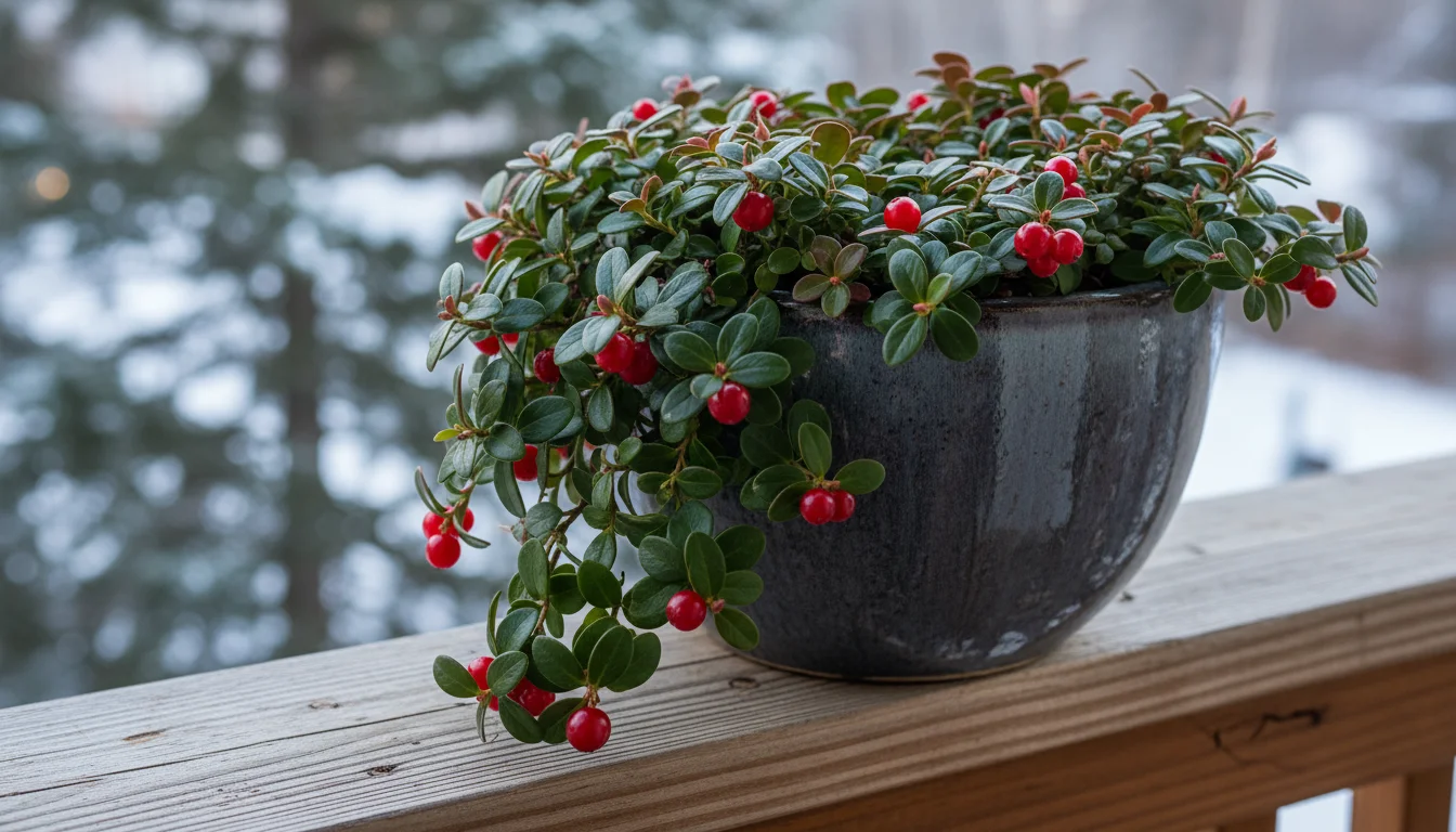 Wintergreen plant with glossy green and red-tinged leaves and bright red berries spilling from a gray ceramic pot on a shaded balcony.
