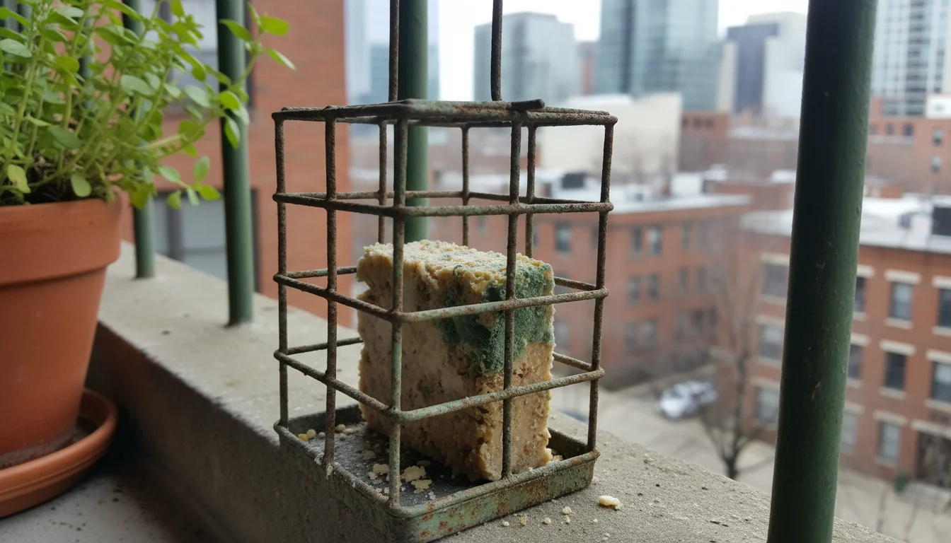 Slightly overhead view of a wire suet feeder on a balcony railing with a partially eaten, discolored suet cake showing faint mold.