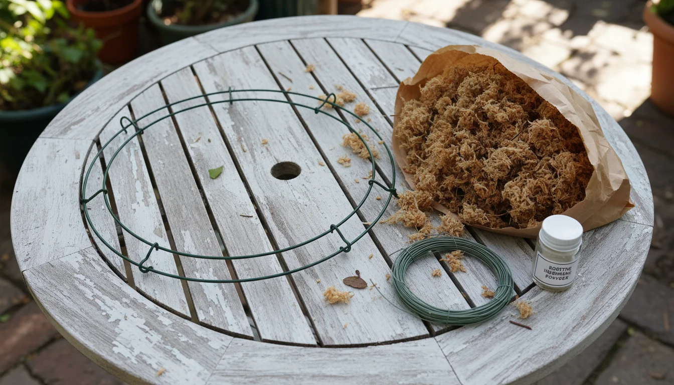 A wire wreath frame, sphagnum moss, green floral wire, and rooting hormone powder arranged on a wooden patio table.