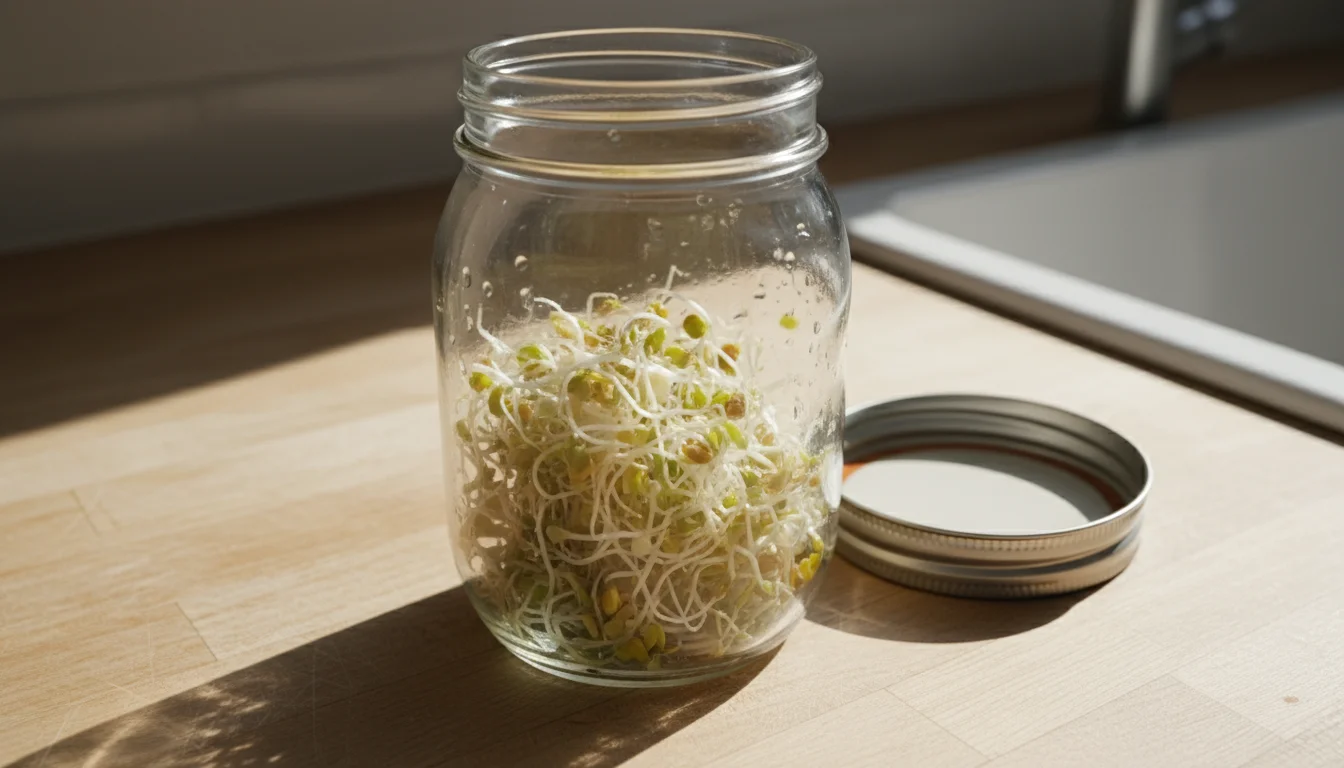 Withered, pale green alfalfa sprouts inside a clear glass jar on a light wooden kitchen counter, showing signs of severe dehydration.