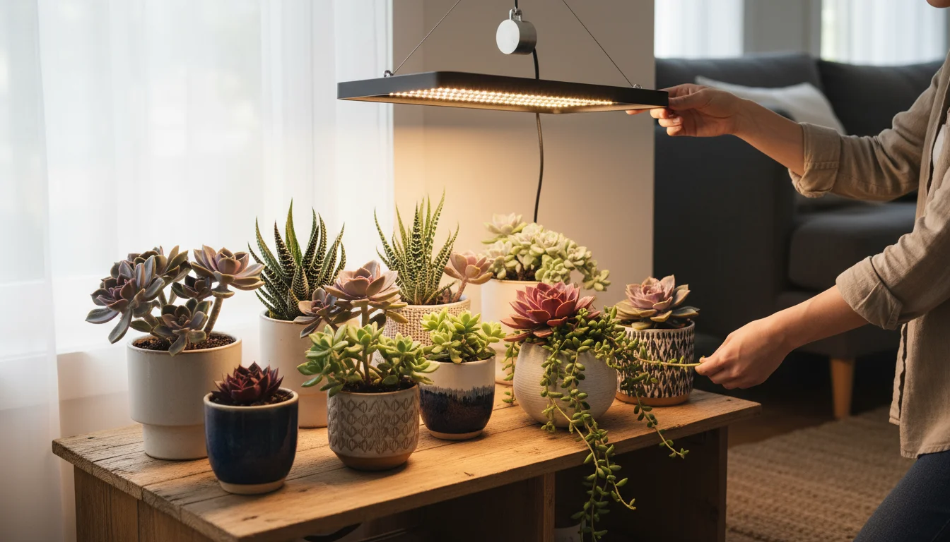 A woman adjusts a compact LED grow light illuminating a shelf of vibrant succulents in a bright indoor setting.