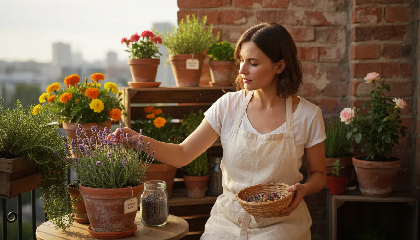 Woman in an apron gently touching lavender in a terracotta pot on a sunny urban balcony, surrounded by vibrant container plants.