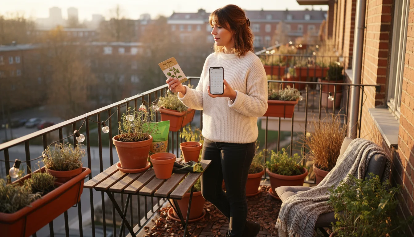 Woman on a balcony in autumn, holding a fava bean seed packet and a phone showing a calendar, next to small pots with soil.