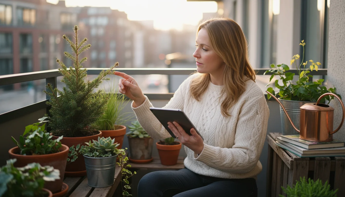 A woman on a balcony examines a potted plant, holding a tablet, amidst other container plants under soft winter light.