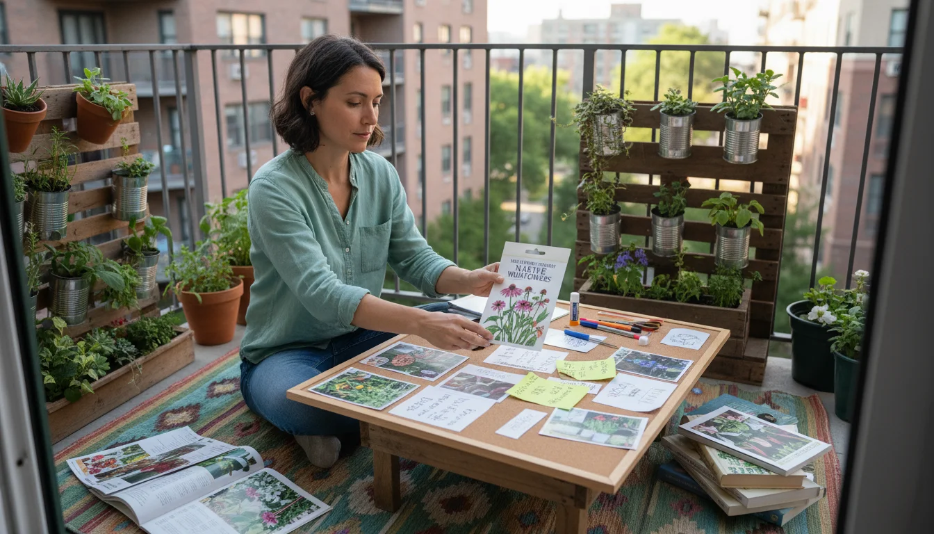 Woman on balcony floor with seed catalogs and a dream board, adding a seed packet for native flowers. Board shows eco-friendly plans.
