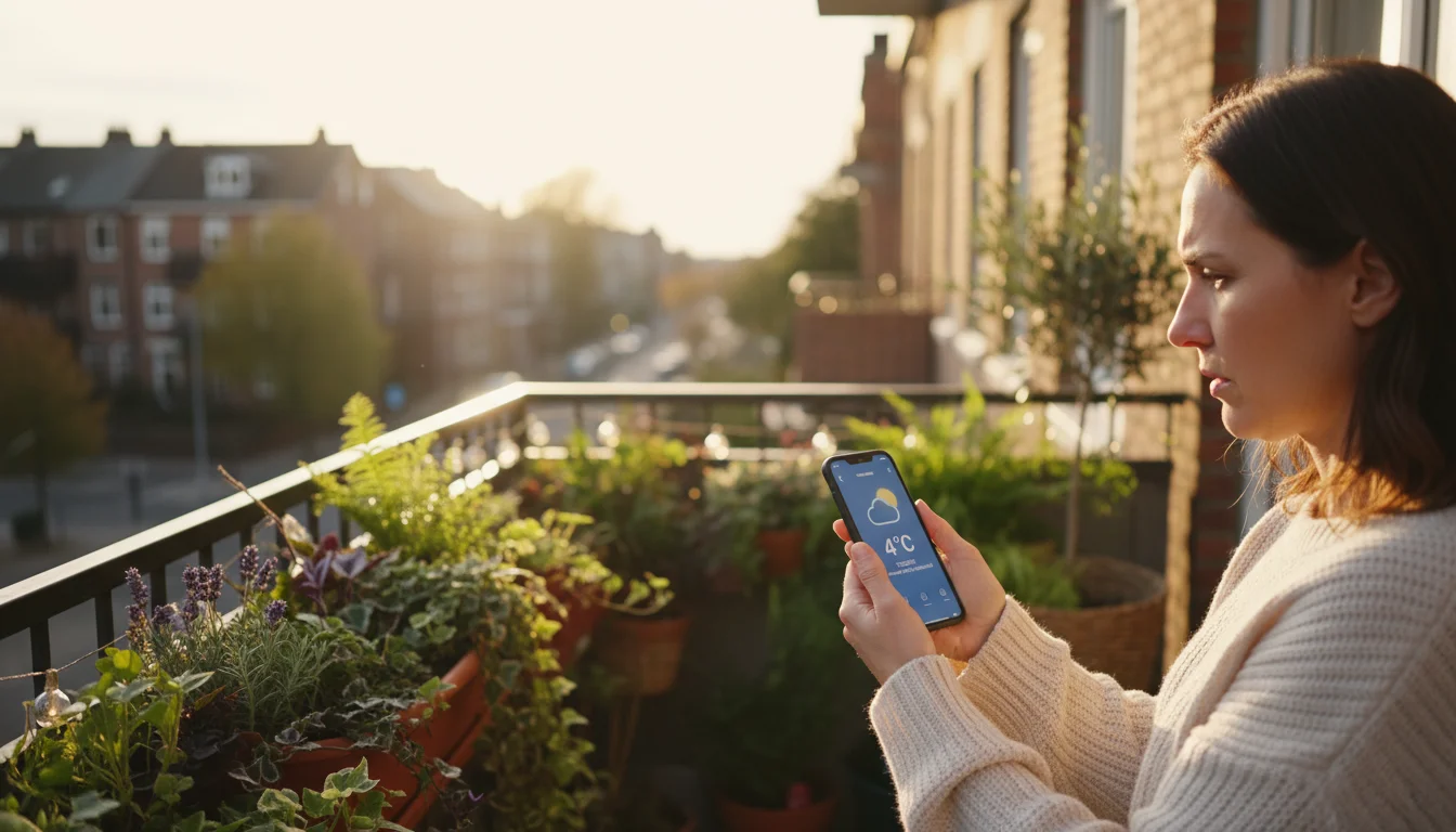 A woman on a balcony garden checking a weather app on her smartphone at dusk, showing a low-temperature forecast for her container plants.