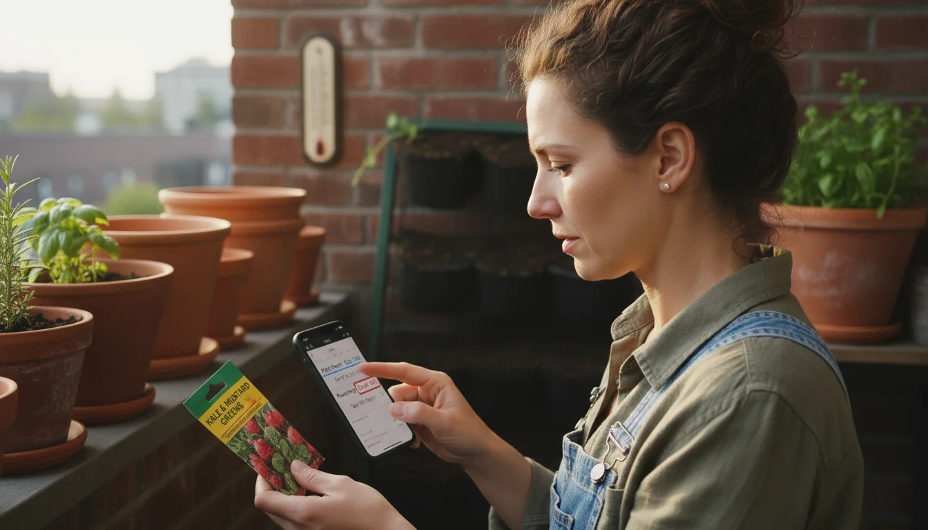 A woman on a balcony holds a seed packet, tapping a phone calendar showing marked fall planting dates. Empty pots and a thermometer are in background.