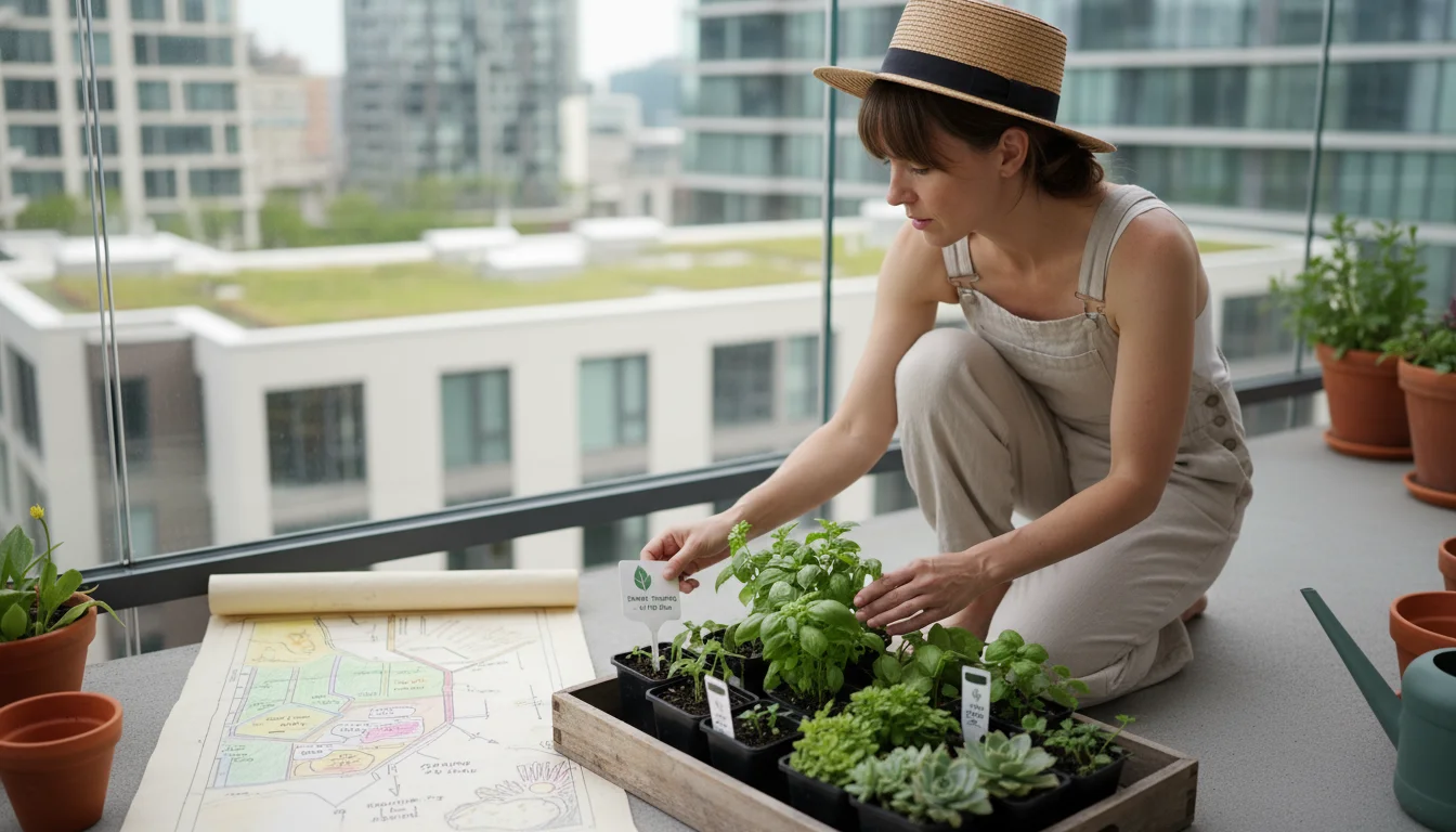 Woman on a balcony, kneeling and reading plant tags next to a hand-drawn microclimate map and several small potted plants.