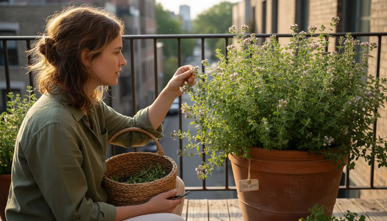 Woman on a balcony thoughtfully examines a thriving oregano plant in a terracotta pot, a small harvesting basket in her arm, in soft morning light.
