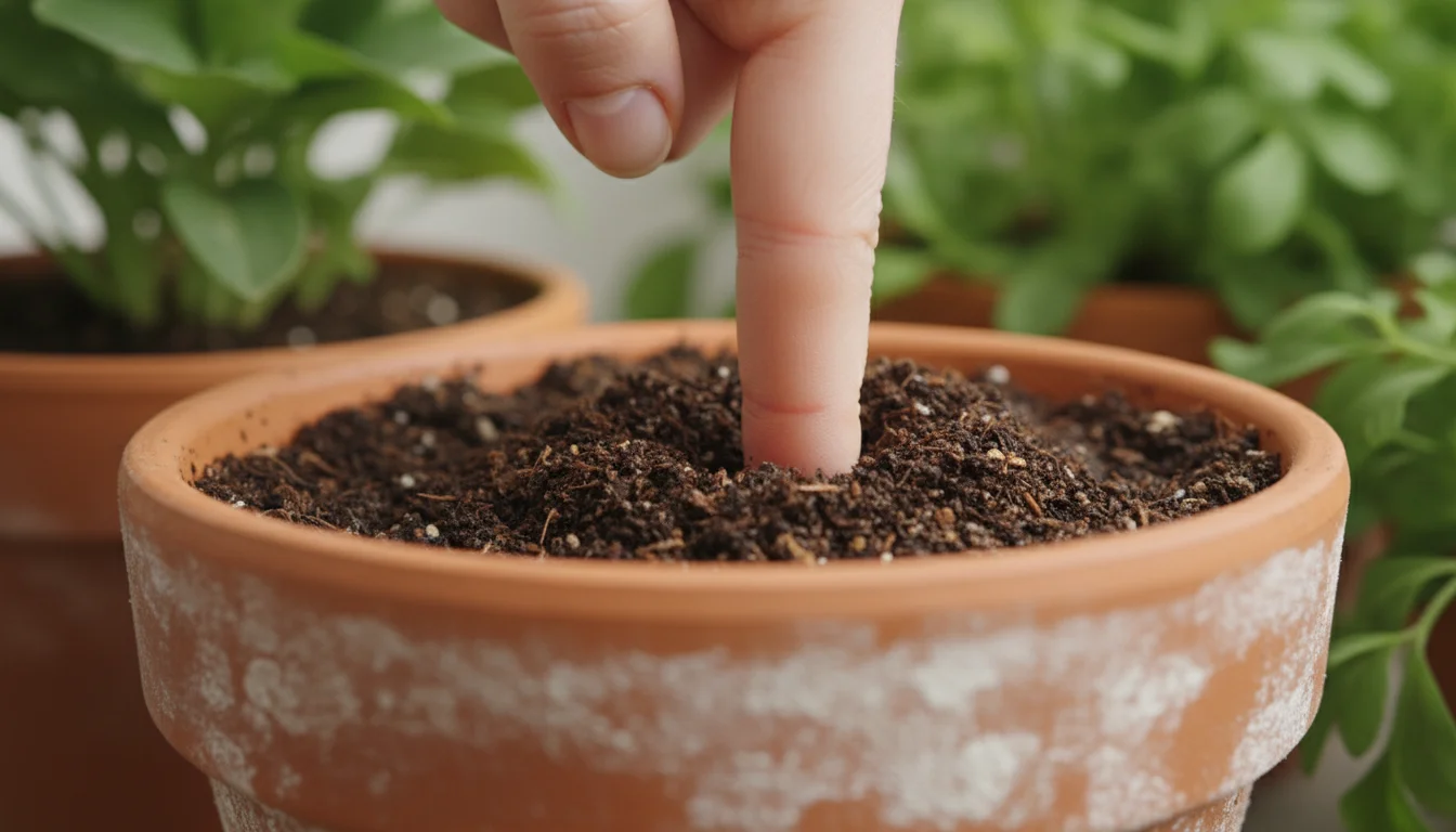 Close-up of a woman's bare finger inserted 1.5 inches deep into soil in a terracotta pot, checking for moisture.
