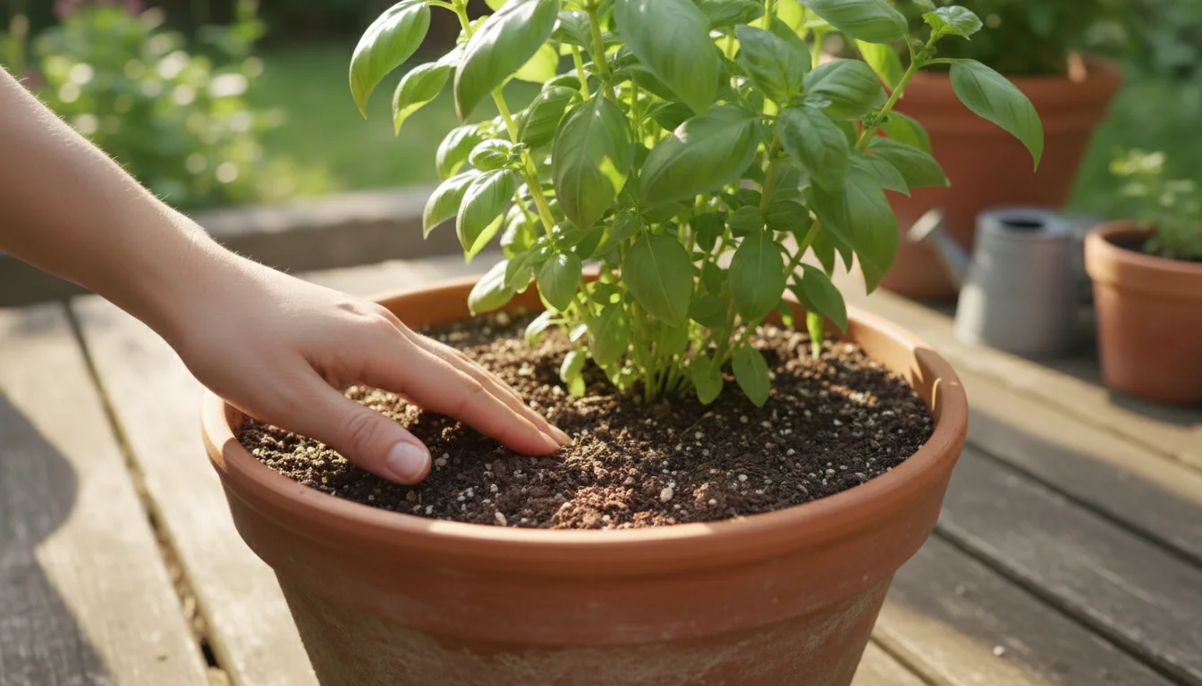 Close-up of a woman's bare hand testing the dry topsoil of a vibrant basil plant in a terracotta pot on a sunlit patio table.