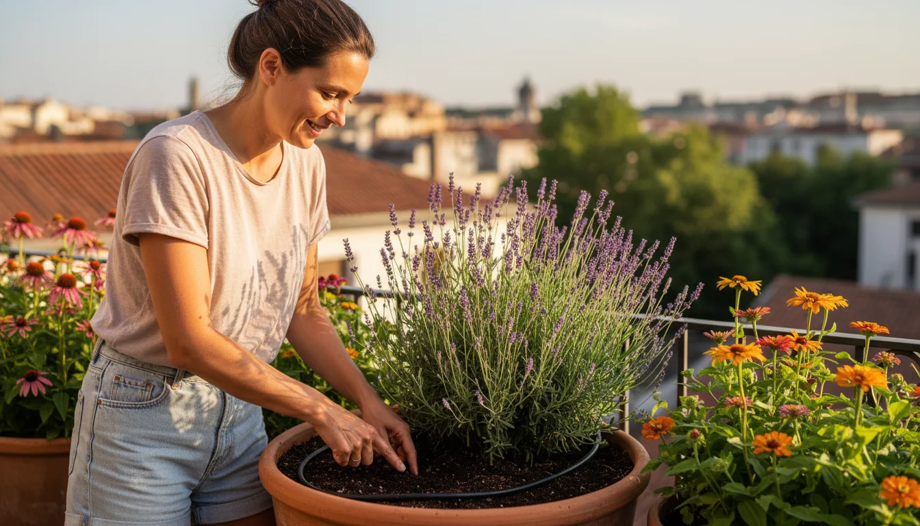 Woman checking soil moisture in a lavender pot on a balcony, with a subtle drip irrigation system visible among other thriving container plants in gol